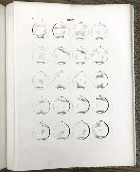 Appearance of Mars in 1837, lithograph in Wilhelm Beer and Johann Mädler, Fragmentes sur les corps celestes du system solaire, 1840 (Linda Hall Library)