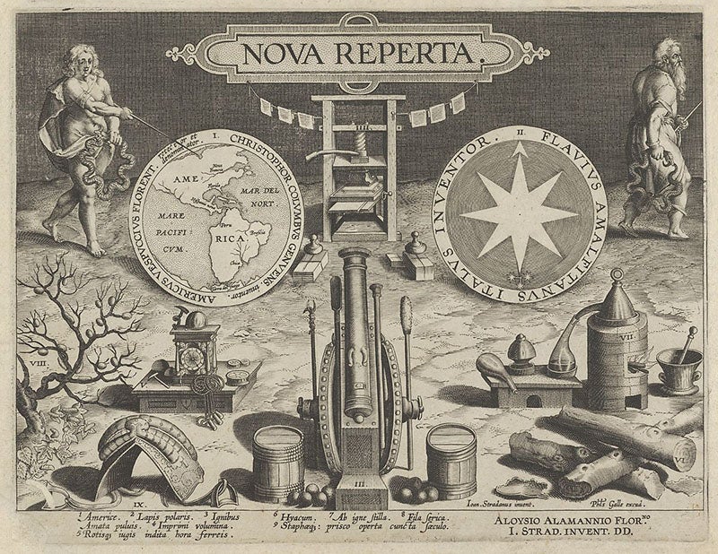 Engraved title page of Nova Reperta, designed by Jan Van der Straet, engraved by Philip Galle, ca 1600 (Metropolitan Museum of Art)