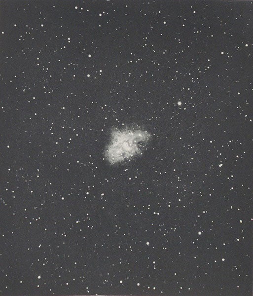 M1 Crab nebula in Taurus, photograph by James Keeler, cropped to plate borders, heliogravure in Photographs of Nebulae and Clusters Made with the Crossley Reflector, by James Keeler, Lick Observatory, plate 9, 1908 (Linda Hall Library)