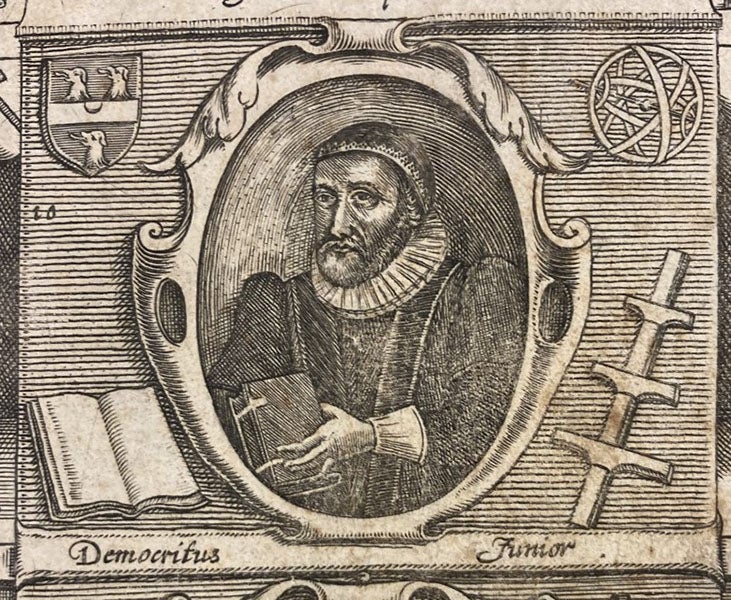 Portrait of “Democritus Junior,” i.e., Robert Burton, detail of engraved title page, The Anatomy of Melancholy, by Robert Burton, 7th ed., 1660 (Linda Hall Library)