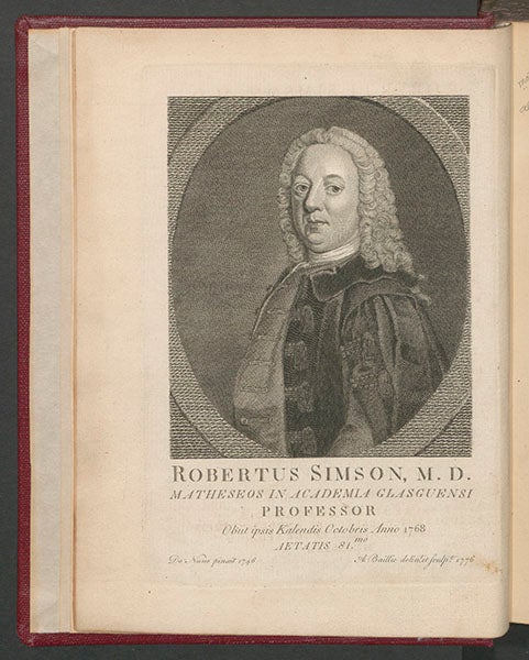 Portrait of Robert Simson, engraved frontispiece to his posthumous <i>Opera quaedam reliqua</i>, 1776 (Linda Hall Library)