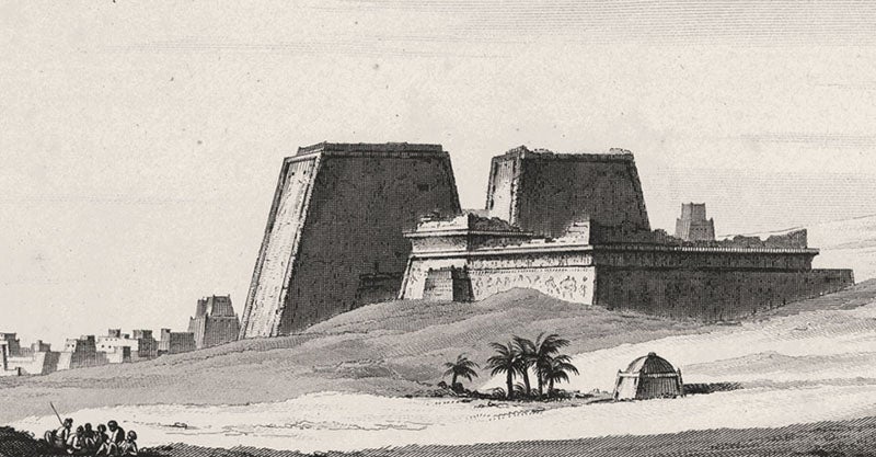 Ruins at Edfu on the Nile, from the rear, engraving after Domenique-Vivant Denon, in Histoire scientifique et militaire de l'expédition française en Egypte, by Louis Reybaud, Atlas vol. 1, 1830-36 (Linda Hall Library)
