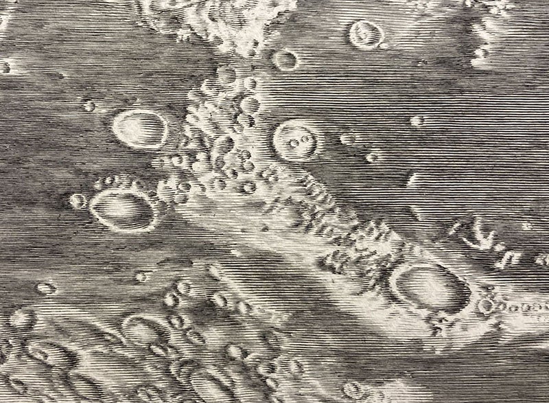 The craters Plato (bottom right), Aristotle (bottom left) , and Eudoxus (top left); the crater at top right, with two smaller craters inside, will later be named “Cassini”, detail of "Carte de la lune de Jean Dominique Cassini," drawn by Jean Patigny, 1787 imprint of 1679 engraving, with South at the top (Linda Hall Library)