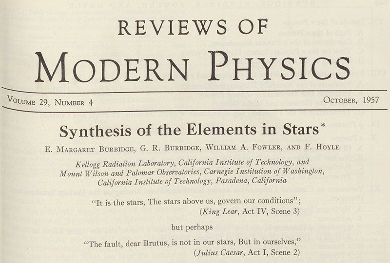 Detail of the first page of the B2FH paper on stellar nucleosynthesis, by Margaret Burbidge, Geoffrey Burbidge, Willy Fowler, and Fred Hoyle, Reviews of Modern Physics, vol. 29, p. 447, 1957 (Linda Hall Library)