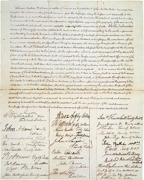 The Michaux Subscription List, with thirty signatures of persons pledging to support an expedition to the Pacific led by André Michaux, including four U.S. presidents, 1793, American Philosophical Society, Philadelphia (amphilsoc.org)