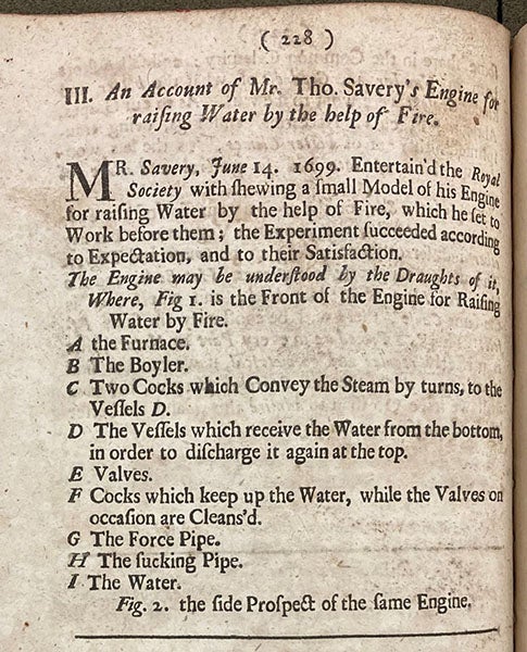 One-page account of Thomas Savery’s demonstration of a model of his steam-powered water pump to the Royal Society of London, on June 14, 1699, in their Philosophical Transactions, 1699, vol. 21, no. 253 (Linda Hall Library)