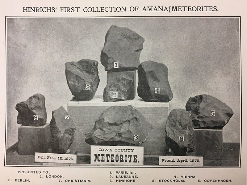 Meteorite fragments collected by Gustavus Hinrichs from The Amana Meteorites of February 12, 1875, 1905 (Linda Hall Library)