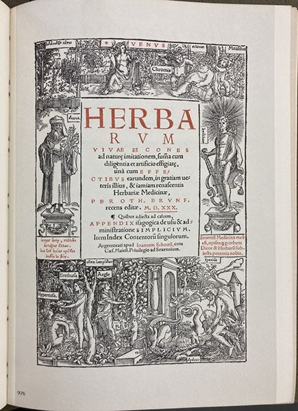 Facsimile of the title page for item 33a, Otto Brunfels, Herbarum vivae eicones, 1530-36, in One Hundred Books Famous in Science, by Harrison D. Horblit, 1964 (Linda Hall Library)