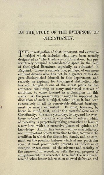First page of “On the study of the evidences of Christianity,” by Baden Powell, Essays and Reviews, 1860, Internet Archive (archive.org)