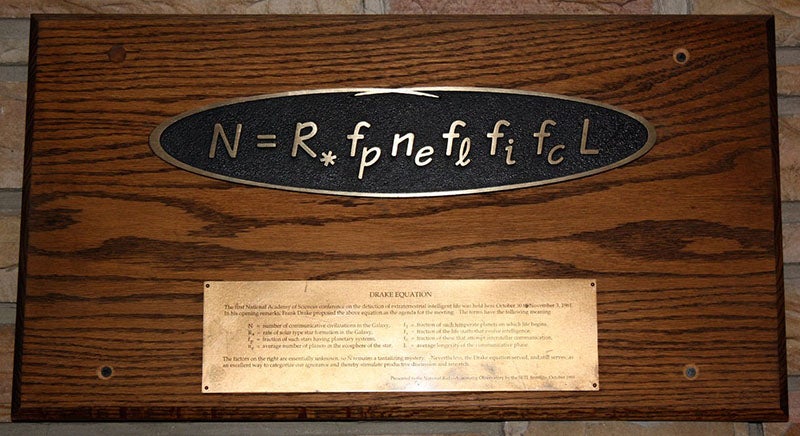 Brass plaque commemorating the Drake Equation, presented to the Green Bank Observatory on the 30th anniversary of the conference of 1961 (astronomynotes.com)