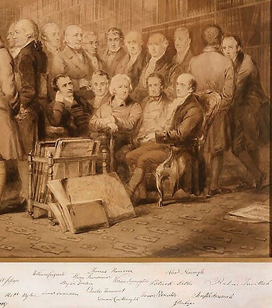 Detail of “Men of Science Living in 1807-8,” showing Edmund Cartwright seated at center, looking at your right shoulder, pen-and-wash drawing by William Walker, before 1862, National Portrait Gallery, London (npg.org.uk)