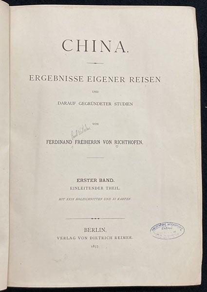 Title page of text volume 1, China: Ergebnisse eigener Reisen und darauf gegründeter Studien, by Ferdinand von Richthofen, 1877-1912 (Linda Hall Library)