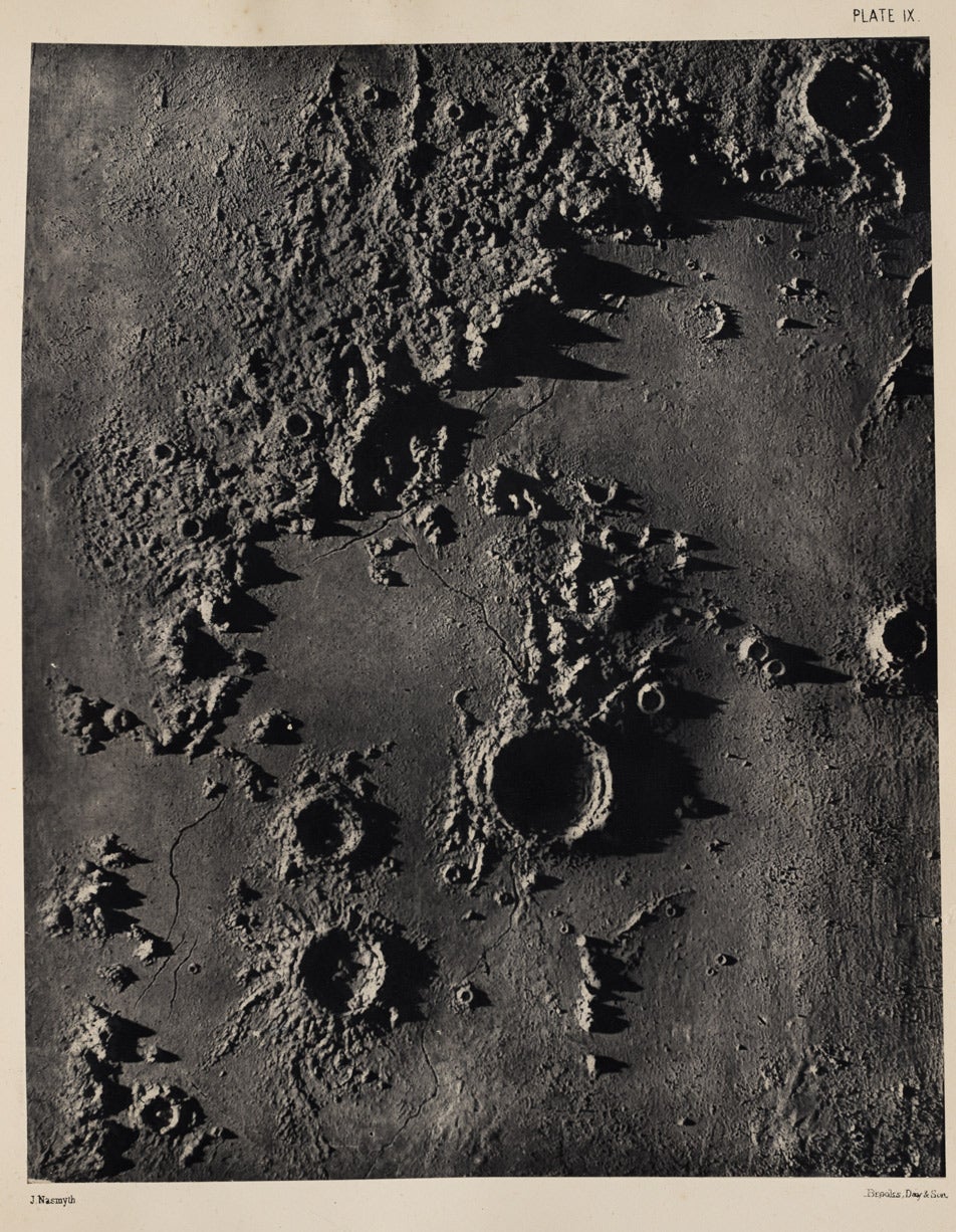 The image shown is a view of Archimedes and the Apennines. The height of the mountains in the model is not quite accurate, for the longest shadow should be cast by Mt. Hadley, the mountain furthermost left of center. In its shadow, nearly one hundred years later, Apollo 15 would become the fourth manned spacecraft to land on the lunar surface. 