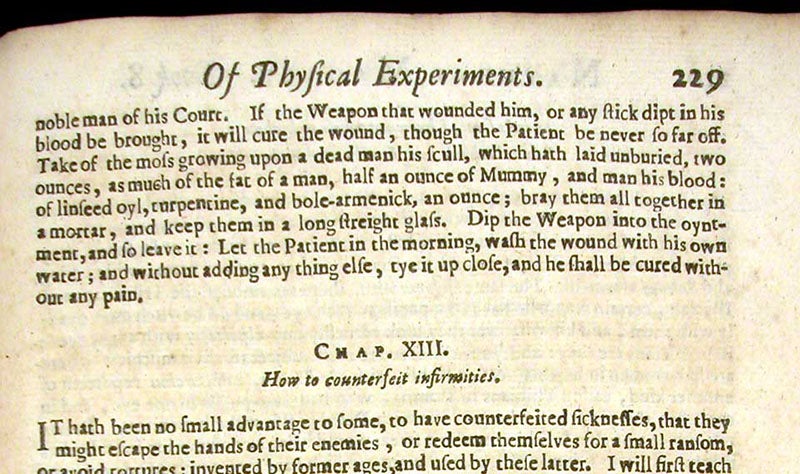 End of the recipe for the weapon-salve, Natural magick, by Giovanni Battista della Porta, p. 219, 1658 (Linda Hall Library)