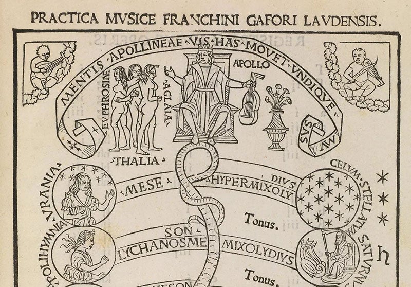 Top third of the cosmic monochord, detail of woodcut frontispiece, Practica musicae, by Franchino Gaffurio, 1496, sold by Pandolfini auction house, Dec. 16-17, 2019 (pandolfini.it/uk)