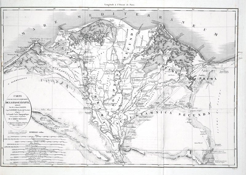 Map of the Nile Delta, with Cairo at the base of the delta, and the Natron Lakes off to the left, in Description de l’Égypte, Antiquités, Mémoires, vol. 2, 1809-1828 (Linda Hall Library)