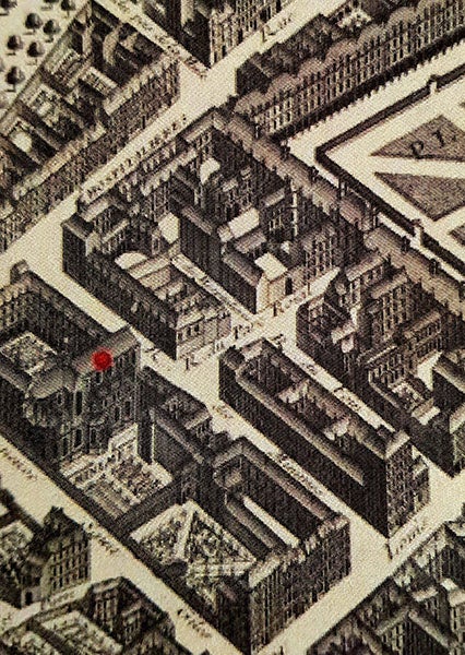 View map of an area of Paris near Place Royale, now Place des Vosges, showing the Minim convent where Mersenne lived and the Rue des Minimes, not far from the Bastille, undated, but before 1789 (paris-grad.com)