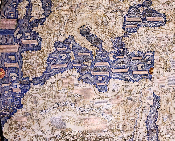 Italy, Greece, and the Mediterranean Sea, detail of Fra Mauro map, inverted, with north at the top, manuscript on vellum and wood, ca 1460, property of the Biblioteca Nazionale Marciana, Venice; on display in Museo Correr, Piazza San Marco, Venice (Wikimedia commons)