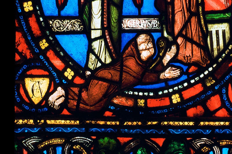 Portrait of Abbot Suger in stained glass, modern photo (Nick Thompson on Flickr)