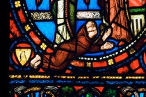 Portrait of Abbot Suger in stained glass, modern photo (Nick Thompson on Flickr)