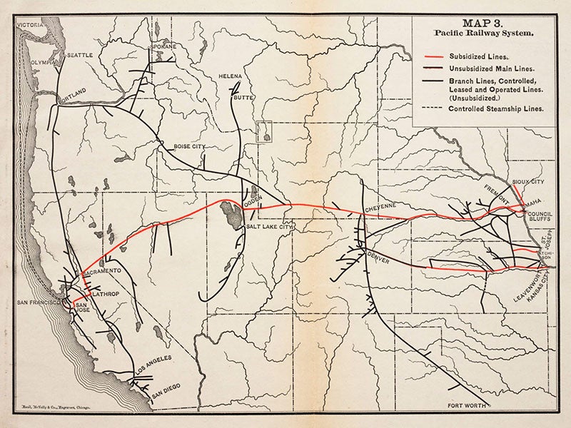Map of the Pacific railway system, with the transcontinental railroad in red, and Sacramento prominently marked. The stretch from Sacramento to Promontory Summit follows the route proposed by Judah almost exactly (Linda Hall Library)