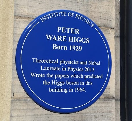 Blue plaque commemorating the work of Peter Higgs, Edinburgh (Wikimedia commons)