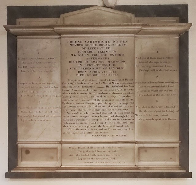 Memorial for Edmund Cartwright, carved marble, Church of St. Mary-the-Virgin, Battle, East Sussex (findagrave.com)
