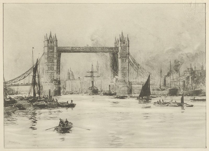 Tower Bridge on opening day, pastel by W.L. Wyllie, frontispiece to Charles Welch, History of the Tower Bridge, 1894 (Linda Hall Library)