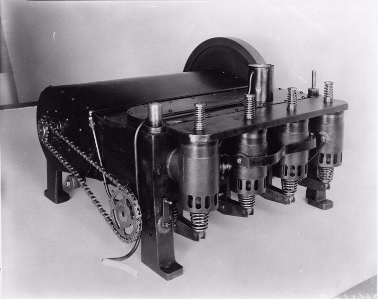 Four-cylinder engine built by Charlie Taylor for the Wright brothers Flyer; it powered the aircraft on its first flights, Dec. 17, 1903, National Air and Space Museum, Smithsonian Institution (airandspace.si.edu)