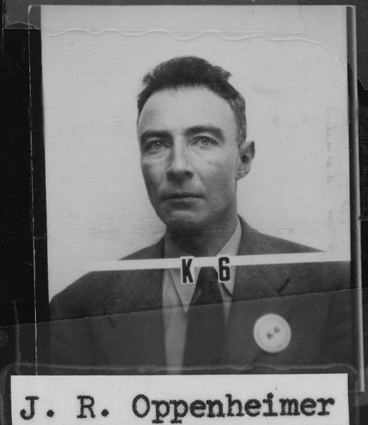 Security badge photo of J. Robert Oppenheimer, Los Alamos, 1943 (Wikimedia commons)