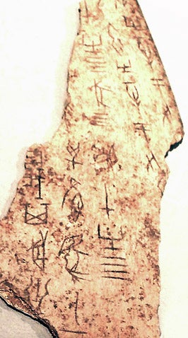 Another ox scapula oracle bone, this photo enlarged and enhanced to bring out the inscription, late Shang Dynasty, ca 1200 BCE, Linden-Museum, Stuttgart, (Wikimedia commons)