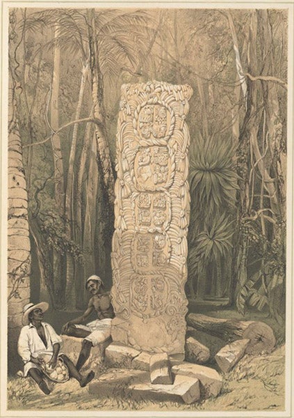 Back of an idol at Copan, slightly cropped lithograph by H. Warren after watercolor by Frederick Catherwood, Views of Ancient Monuments in Central America, Chiapas and Yucatan, plate 3, 1844, Harvard Library (lib.harvard.edu)