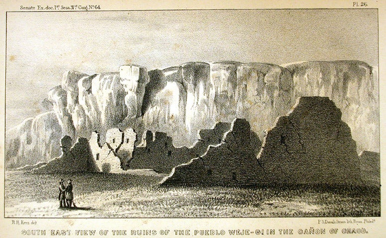 Ruins at Chaco Canyon, lithograph after drawing by Richard Kern, Reconnaissances of Routes from San Antonio to El Paso ... and the Report of Lieut. J. H. Simpson of an Expedition into Navajo Country, p. 26, 1850 (Linda Hall Library)