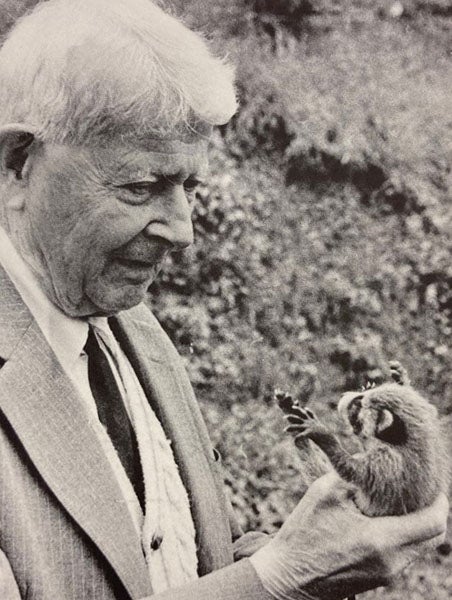 Sewall Wright, age 93, with baby raccoon, photograph by Doris Marie Provine, frontispiece to Sewall Wright and Evolutionary Biology, by William B. Provine, 1987 (Linda Hall Library)