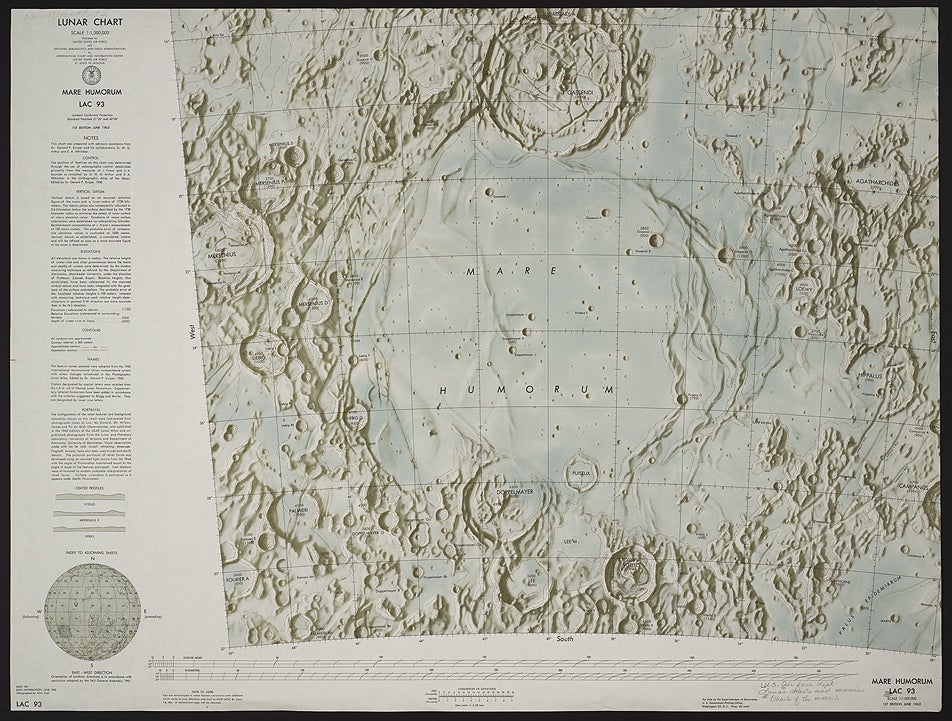 The map of Mare Humorum (Sea of Humors) contains a variety of lunar surface features. Most notable are the wrinkle ridges to the right of the mare basin. The crater Gassendi is at top left; it may be compared with the photobase drawing by Krieger (see item 27).