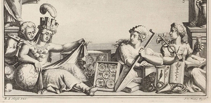 Detail of frontispiece (seventh image), showing personifications at bottom, representing (perhaps), Collecting, Nature, Exploring, and Medicine, from Levinus Vincent, Elenchus, 1719 (Linda Hall Library)