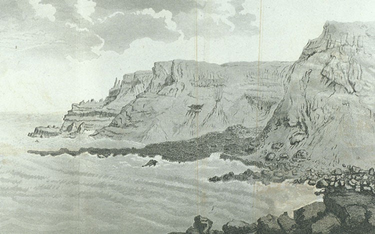 West view of the Giants Causeway. Image source: Dubourdieu, John. Statistical Survey of the County of Antrim: With Observations on the Means of Improvement: Drawn up for the Consideration and by the Direction of the Dublin Society. Dublin, Dublin Society, 1812, p. 38.