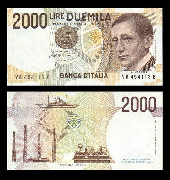 2000 lire banknote issued by Italy in 1990 to honor Guglielmo Marconi (Wikimedia commons)