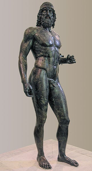 Riace A bronze, full statue, National Archaeological Museum of Magna Graecia, Reggio Calabria, Italy (Wikimedia commons)