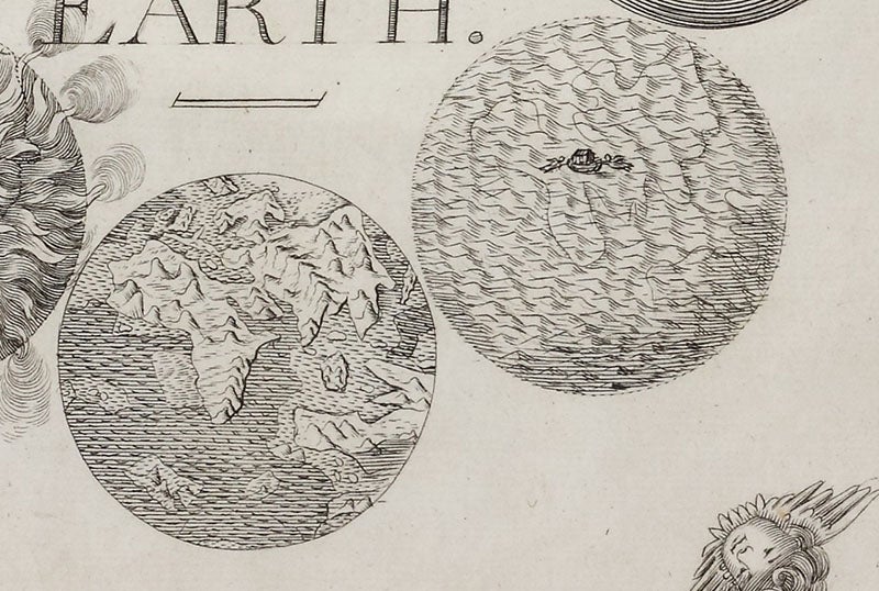 Detail of first image, showing the flooded Earth (with Noah’s ark), and the Earth after the Flood, now with continents, mountains, and oceans (Linda Hall Library)