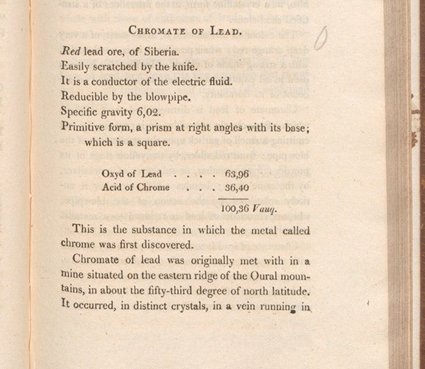 Detail of section on lead chromate, Outlines of Mineralogy, by John Kidd, vol. 2, 1809 (Linda Hall Library)