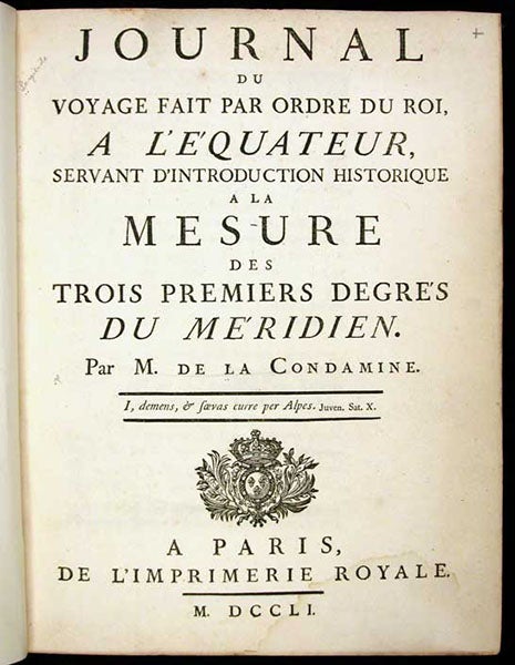 Title page, Charles-Marie de La Condamine, Journal du voyage … a l’équateur, 1751 (Linda Hall Library)