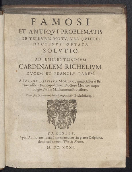 Title page of Famosi et antiqui, by Jean-Baptiste Morin, first treatise in the sammelband, 1631 (Linda Hall Library)