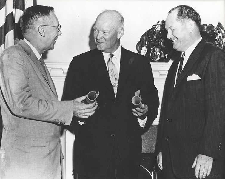 President Eisenhower with his appointee as the first NASA Administrator Keith Glennan (right) and former NACA chief Hugh Dryden, now Deputy Administrator at NASA (left), photograph, 1958 (nasa.gov/history)