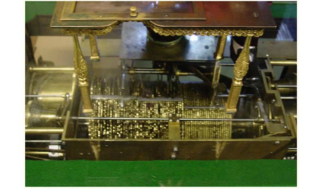A view of the cams that store the directions to execute the 7 drawings in the repertoire of the Maillardet automaton at the Franklin Institute (fi.edu)