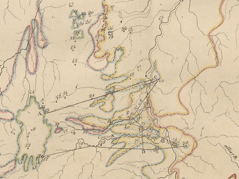 Detail of sixth image, showing locations of Puy-de-Dôme (top, no. 34) and Perdines and Perrier (bottom right, nos 58 and 60), with lines indicating the locations of sections (Linda Hall Library)