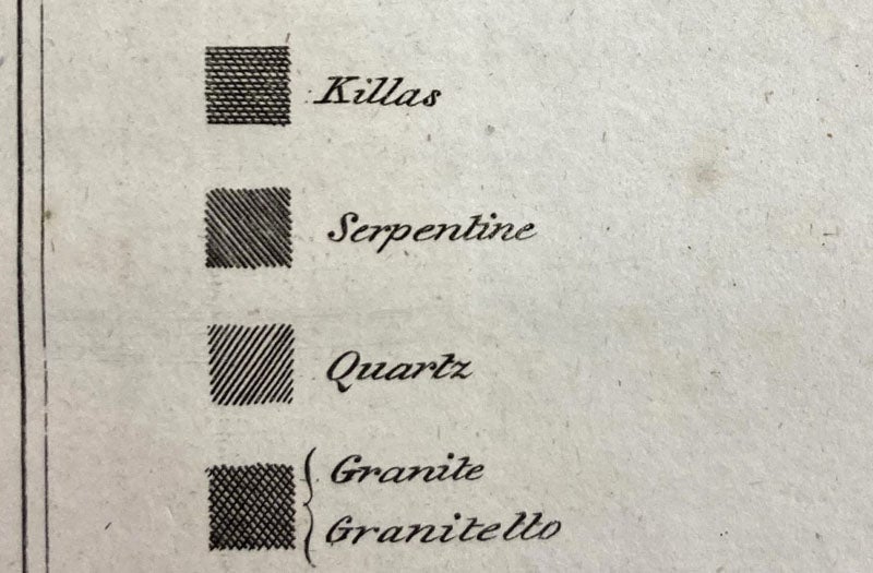 Hatchings for granite, quartz, serpentine, and killas, detail of geological map, engraving in Observations Relative Chiefly to the Natural History, Picturesque Scenery, and Antiquities of the Western Countries of England, by William George Maton, vol. 2, plate at end, 1797 (Linda Hall Library)