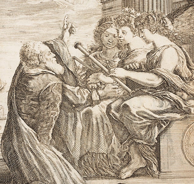 Galileo presenting his telescope to three muses, while pointing upward, detail of frontispiece to Galileo’s Opere (fourth image), center, (Linda Hall Library)