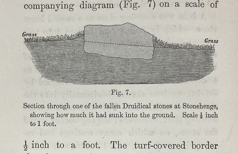 Stone at Stonehenge, partly sunk into the ground, wood engraving in The Formation of Vegetable Mould, through the Action of Worms, by Charles Darwin, p. 156, 1881 (Linda Hall Library)