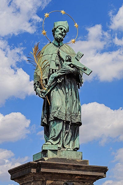 Statue of St. John of Nepomuk, Charles Bridge, Prague, recent photograph (Wikimedia commons)